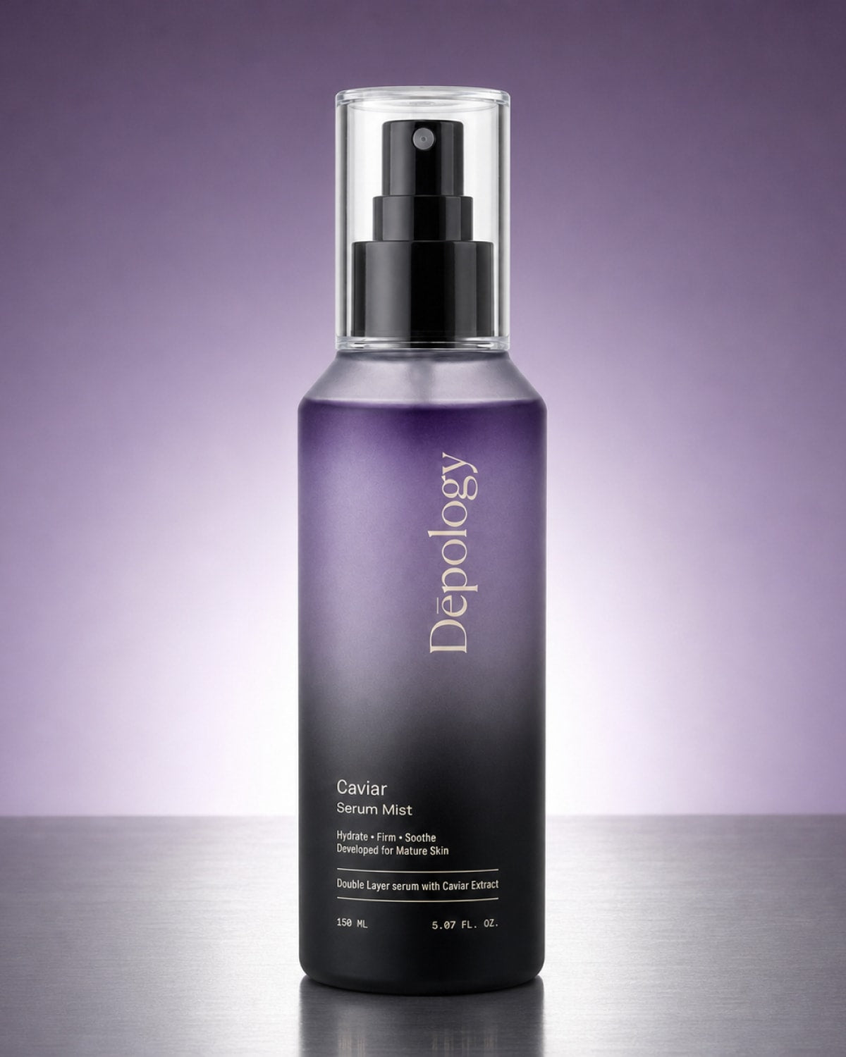 Depology Caviar Serum Mist bottle, 250 mL, featuring a purple-to-black gradient design with a clear cap and black pump dispenser.