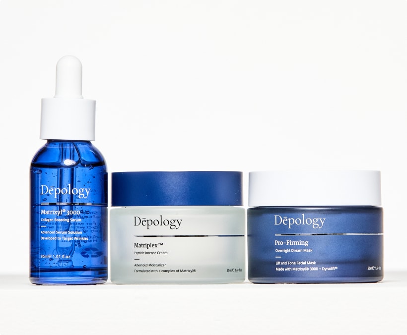 Depology skincare products including a dropper, cream, and mask on a white background