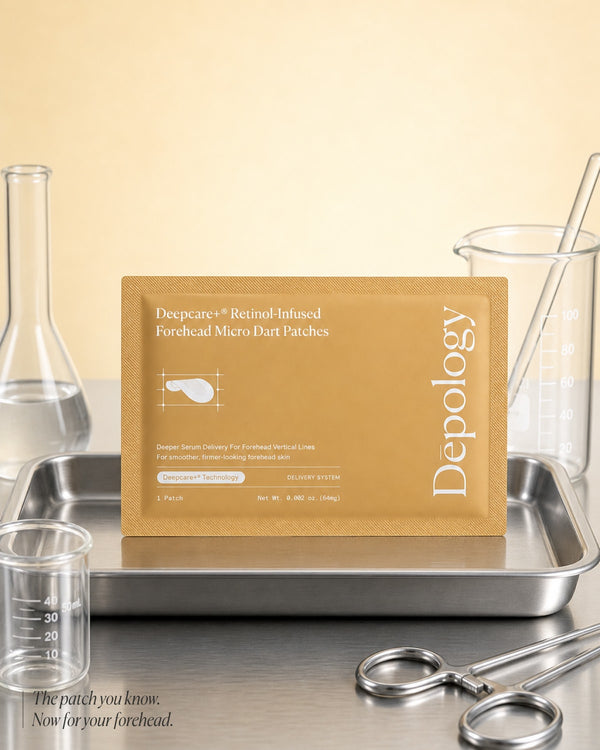 Depology forehead micro-patch packaging on a metallic tray with laboratory equipment.