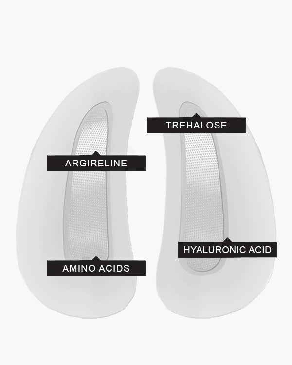 Two white gel pads with labeled ingredients on a white background