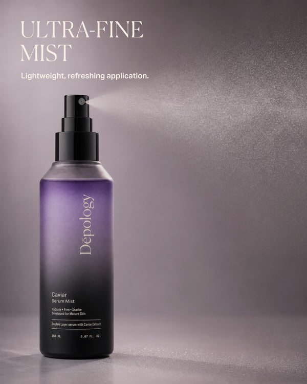 A bottle of Depology Ultra-Fine Mist serum spray with a black pump and a purple-to-black gradient bottle, shown against a textured gray background with product text and mist effect.