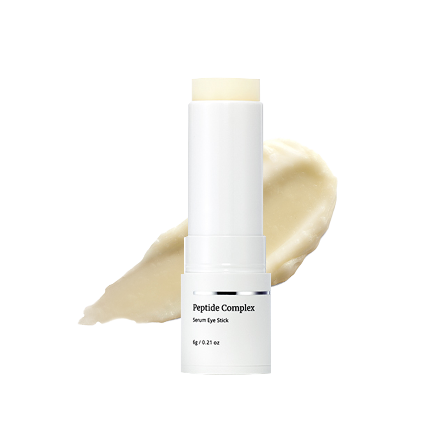 Peptide Complex serum eye stick with beige cream swatch on a white background